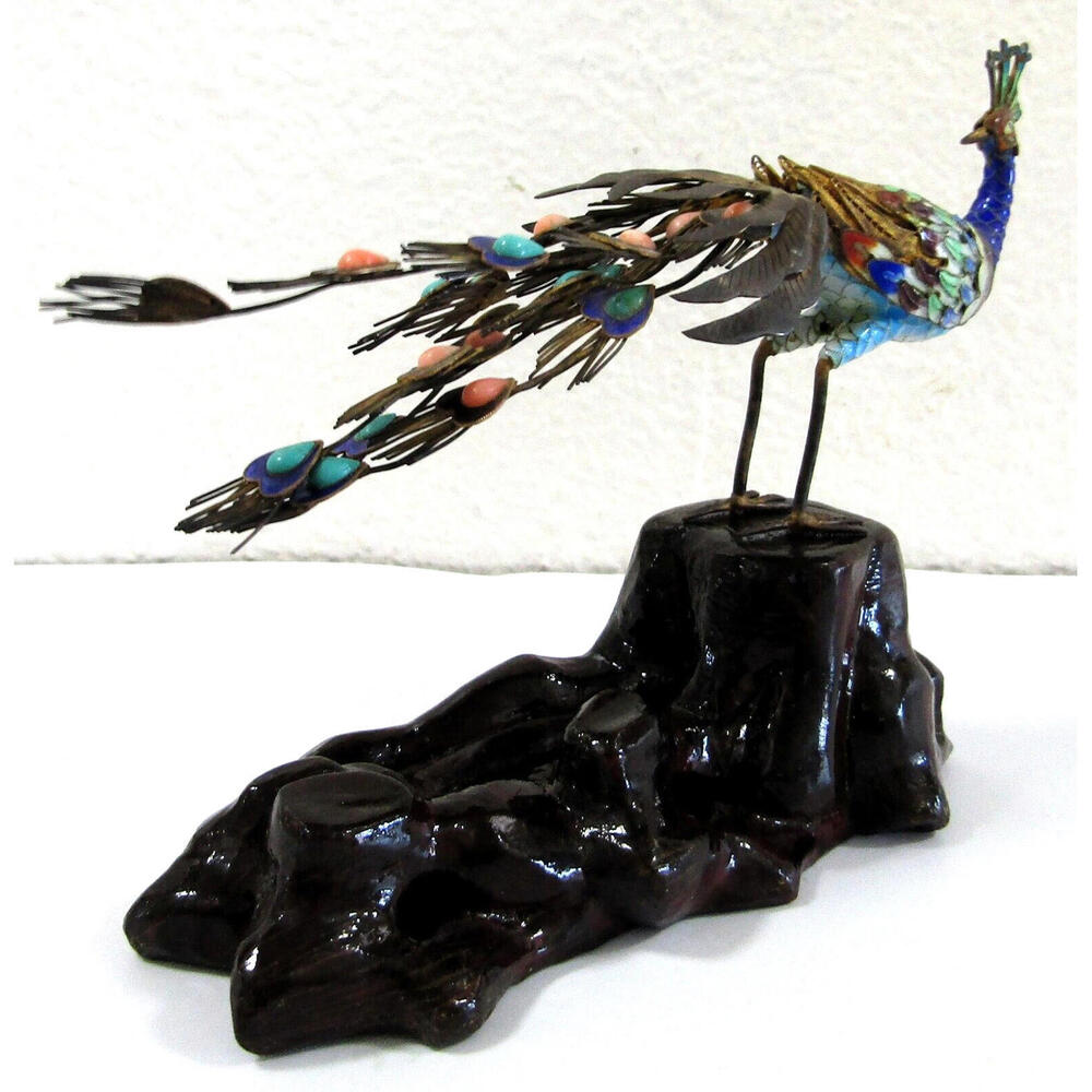 Antique Chinese Silver Gilt Cloisonne Jeweled Peacock Bird Sculpture 19th C. - Picture 7 of 16